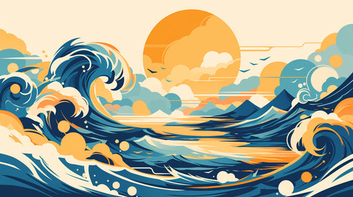 Retro Ocean Sunset Mural Wallpaper in Living Room | Various Colors (Orange, Blue, Beige, etc.) of Ocean Sunset