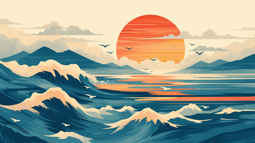 Retro Ocean Sunset Mural Wallpaper in Living Room | Various Colors (Orange, Blue, Beige, etc.) of Ocean Sunset