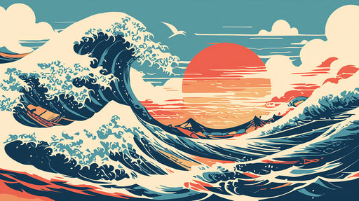 Retro Ocean Sunset Mural Wallpaper in Living Room | Various Colors (Orange, Blue, Beige, etc.) of Ocean Sunset