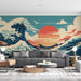 Retro Ocean Sunset Mural Wallpaper in Living Room | Various Colors (Orange, Blue, Beige, etc.) of Ocean Sunset