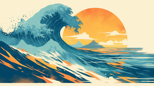 Retro Ocean Sunset Mural Wallpaper in Living Room | Various Colors (Orange, Blue, Beige, etc.) of Ocean Sunset