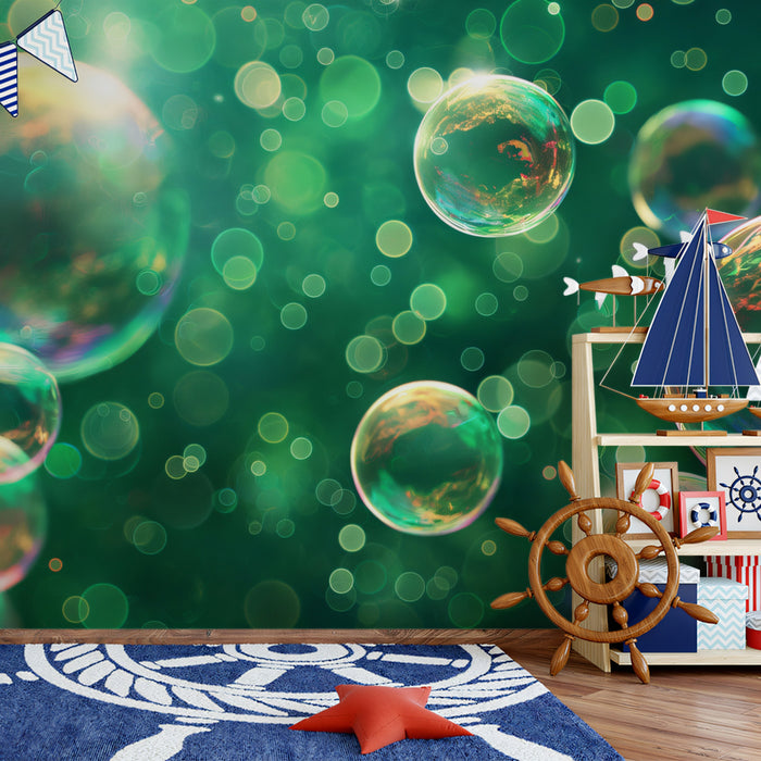 Iridescent Bubbles Mural Wallpaper | Emerald Green