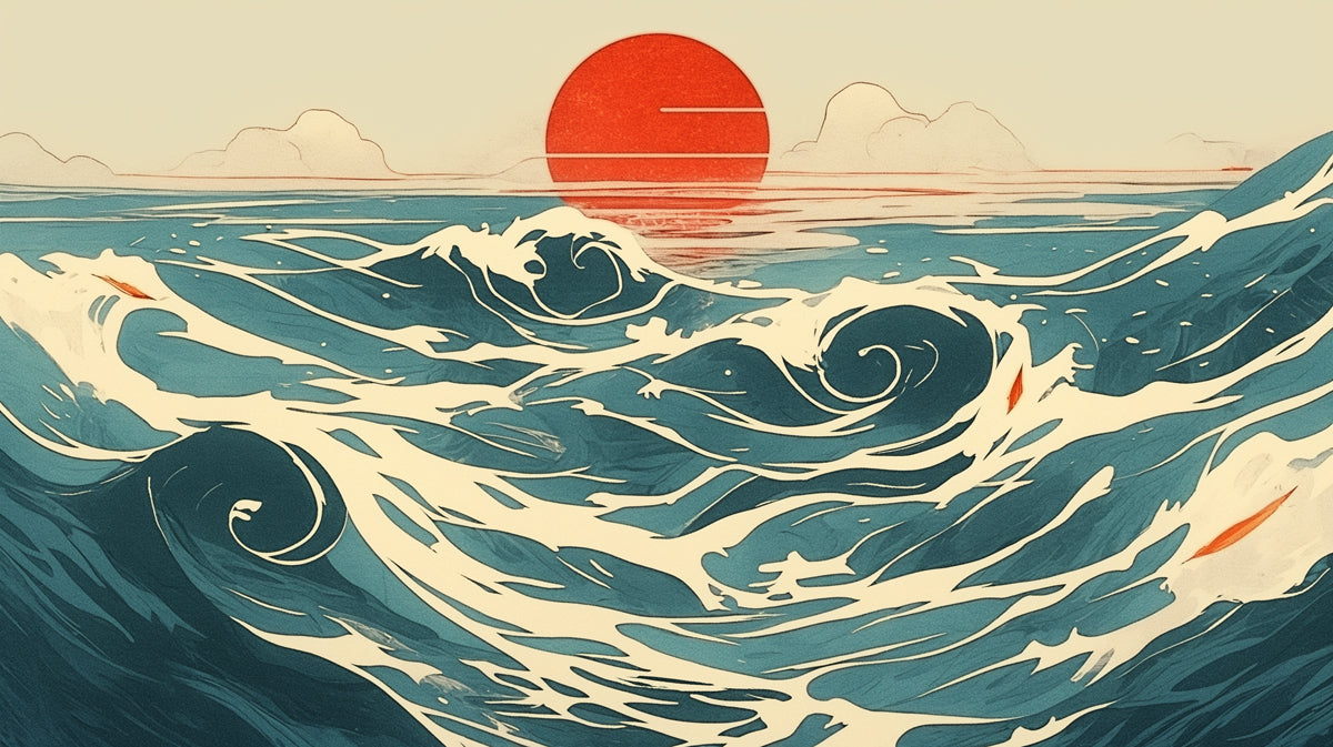 Japanese Wave and Sunset Mural Wallpaper in Living Room | Various Colors (Red, Blue, Beige, etc.) of Japanese Wave and Sunset