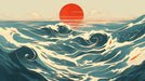Japanese Wave and Sunset Mural Wallpaper in Living Room | Various Colors (Red, Blue, Beige, etc.) of Japanese Wave and Sunset