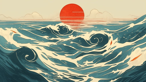 Japanese Wave and Sunset Mural Wallpaper in Living Room | Various Colors (Red, Blue, Beige, etc.) of Japanese Wave and Sunset
