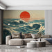 Japanese Wave and Sunset Mural Wallpaper in Living Room | Various Colors (Red, Blue, Beige, etc.) of Japanese Wave and Sunset