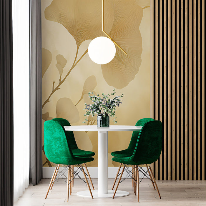 Misty Gold Ginkgo Mural Wallpaper | Soft & Ethereal