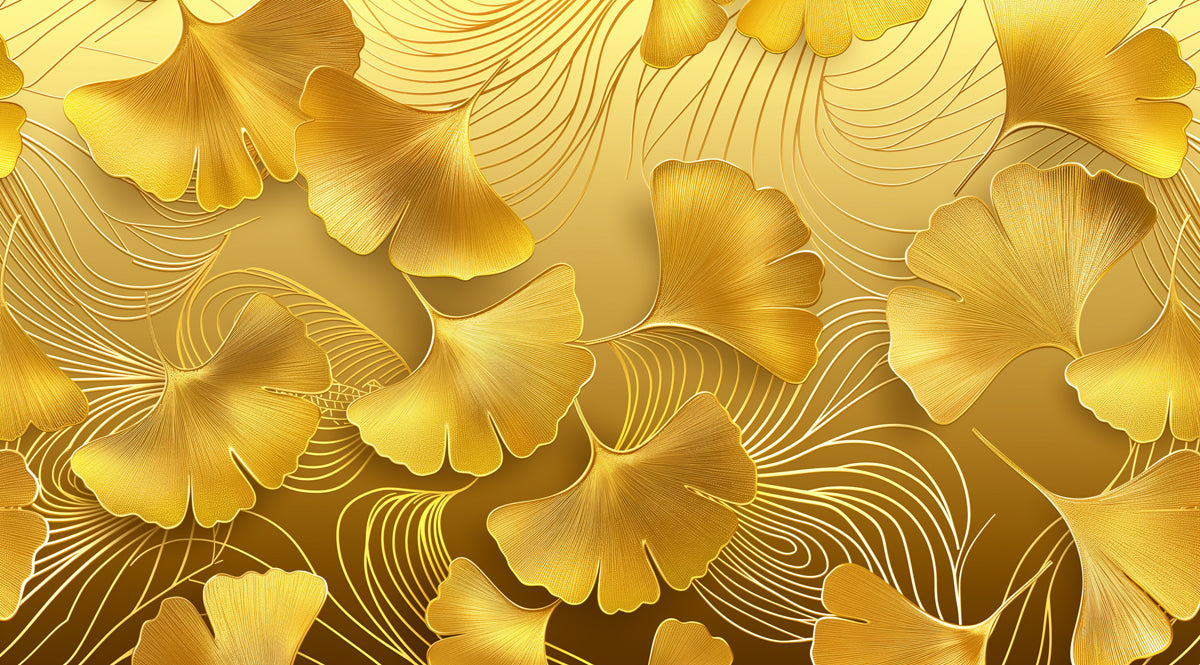 Golden Ginkgo & Swirls Mural Wallpaper | Textured & Luxurious