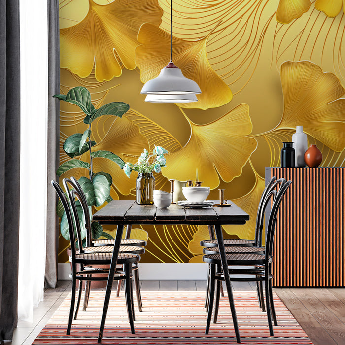 Golden Ginkgo & Swirls Mural Wallpaper | Textured & Luxurious