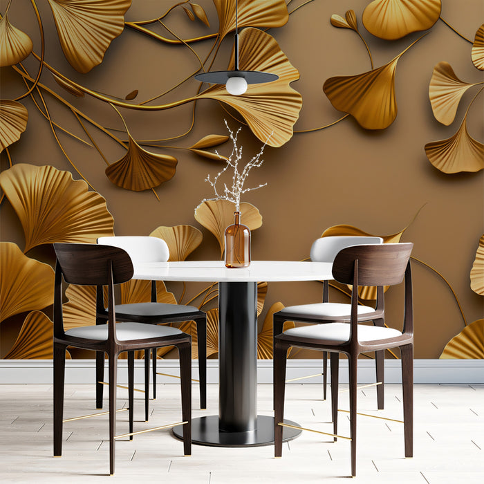 Sculptural Ginkgo Mural Wallpaper | Tan & Burnished Gold
