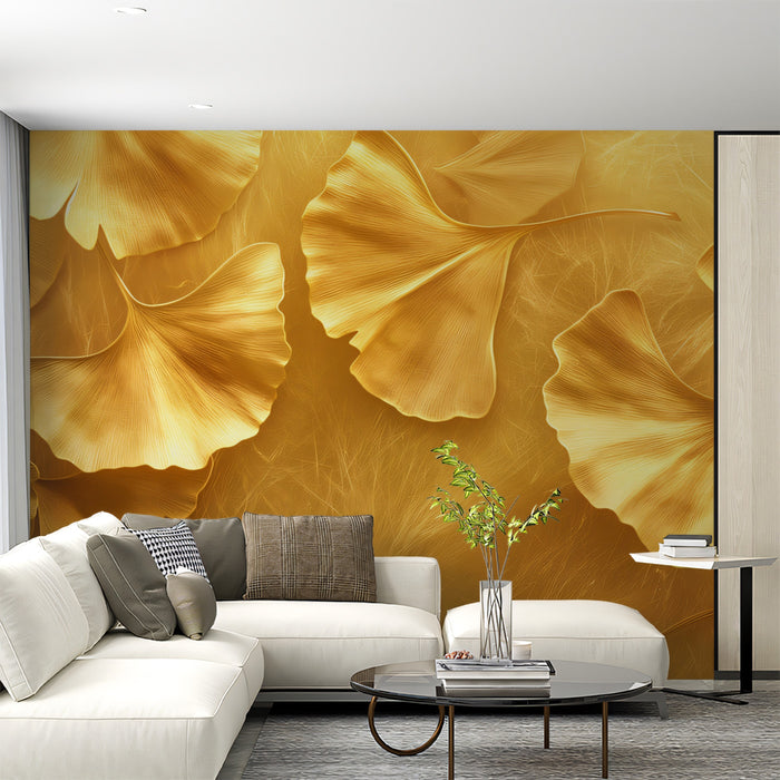 Gilded Ginkgo Close-Up Mural Wallpaper | Luxurious & Detailed