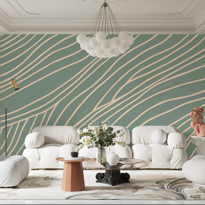 Hand-Drawn Wavy Line Mural Wallpaper | Dusty Blue & Blush
