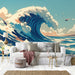 The Great Wave off Kanagawa Inspired Mural Wallpaper in Living Room | Blue, White, and Beige Great Wave