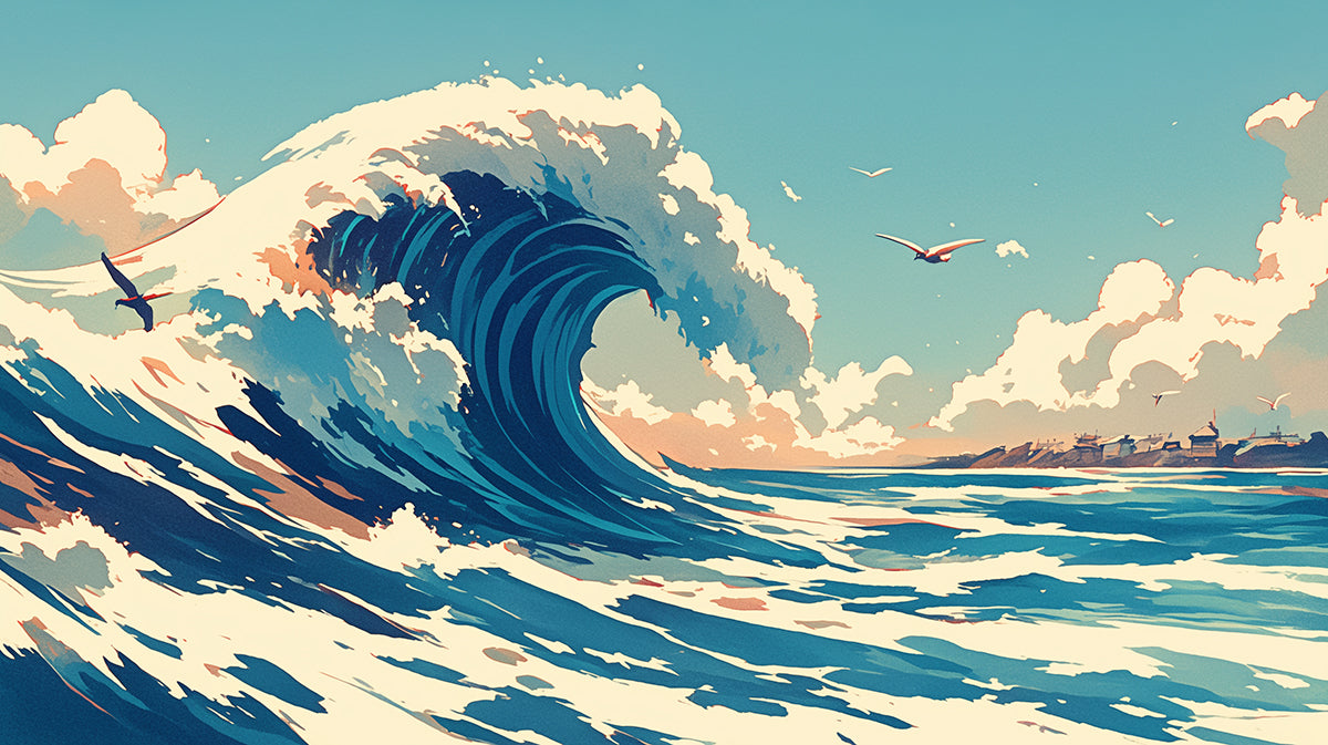 La Grande Onda di Kanagawa - Parete ispirata a un murale in soggiorno | Grande Onda in blu, bianco e beige