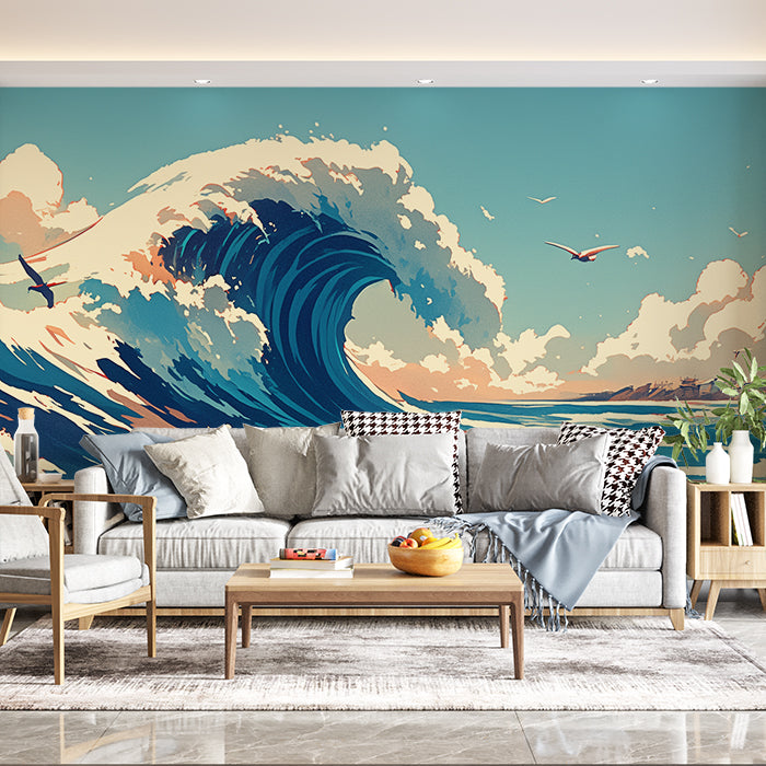La Grande Onda di Kanagawa - Parete ispirata a un murale in soggiorno | Grande Onda in blu, bianco e beige