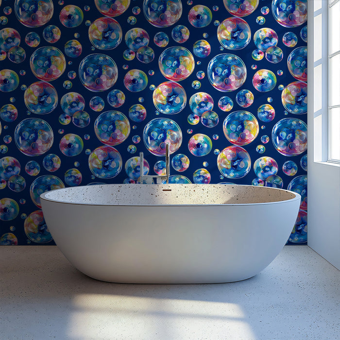 Dynamic Watercolor Bubble Pattern Mural Wallpaper | Navy Blue