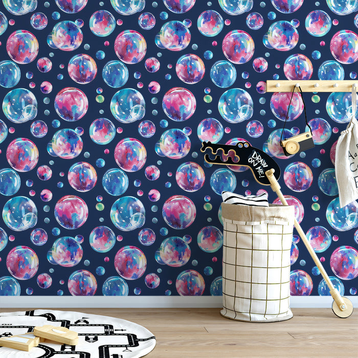 Dense Watercolor Bubble Pattern Mural Wallpaper | Navy Blue