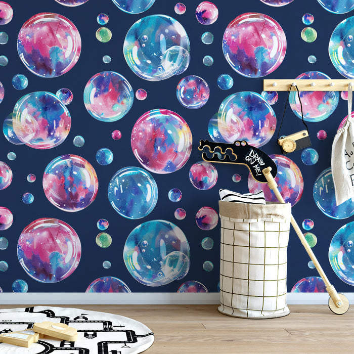 Large Watercolor Bubble Pattern Mural Wallpaper | Navy Blue