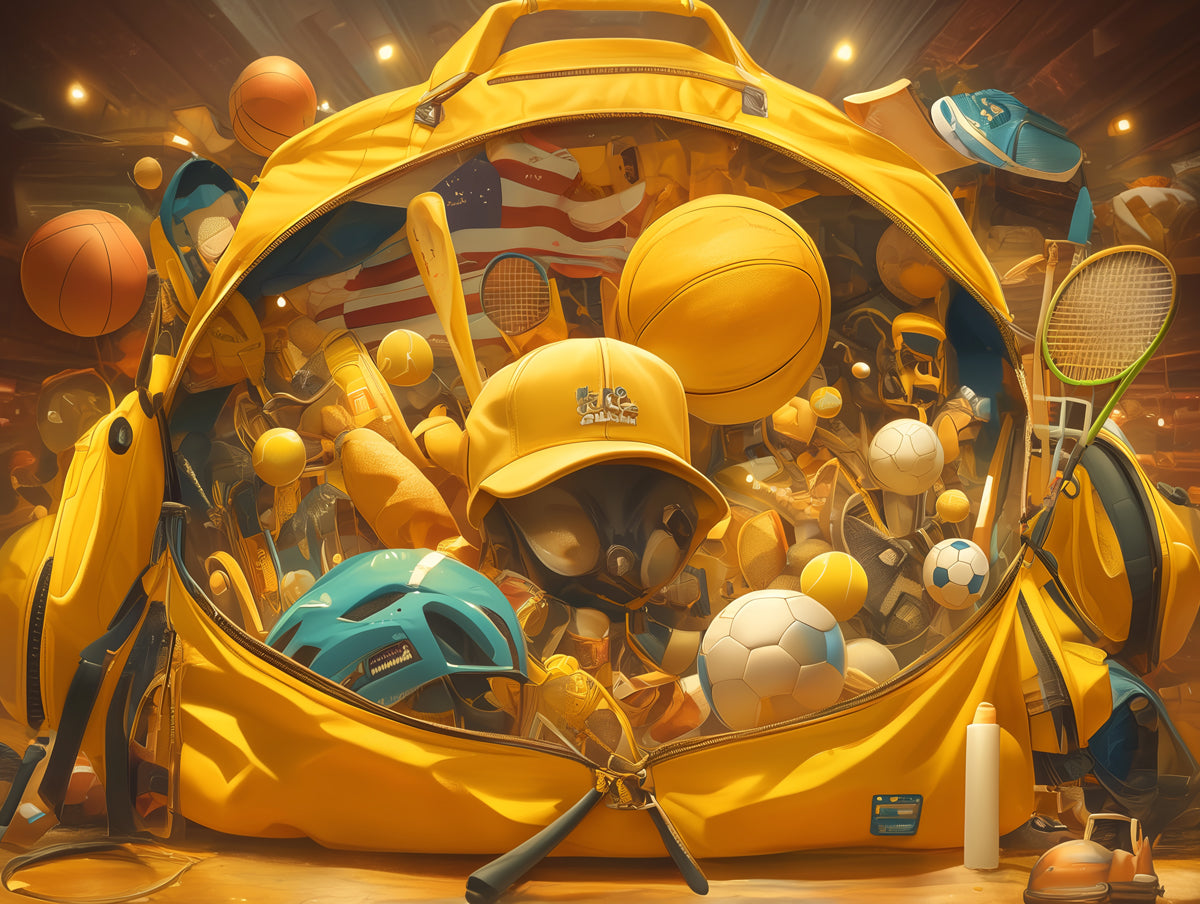 Sports Equipment Mural Wallpaper in Bedroom | Various Colors (Yellow, Brown, Orange, etc.) of Sports