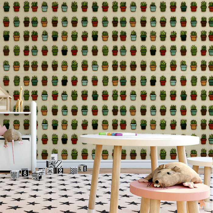 Potted Succulent Grid Mural Wallpaper | Earthy & Cute