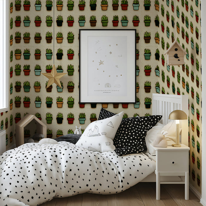 Potted Succulent Grid Mural Wallpaper | Earthy & Cute