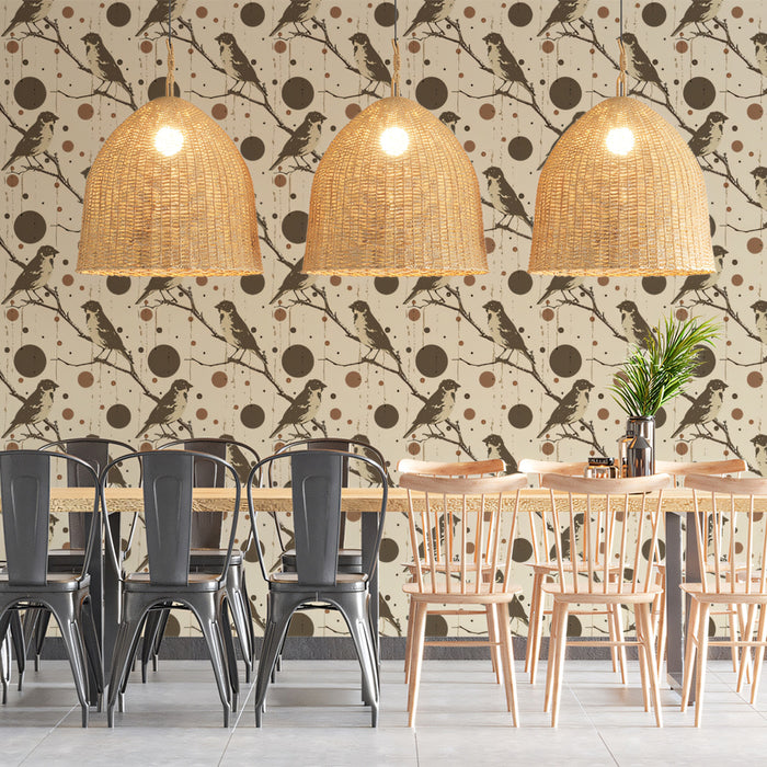 Rustic Bird & Circle Mural Wallpaper | Earthy Tones