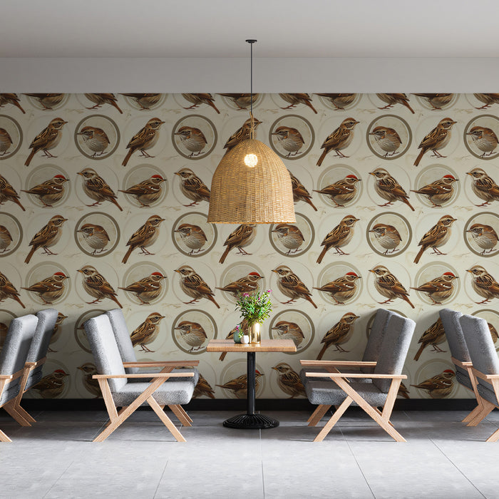 Rustic Sparrow Pattern Mural Wallpaper | Earthy Tones