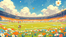 Stadium Mural Wallpaper in Playroom | Blue, Orange, and Various Colors of Stadium