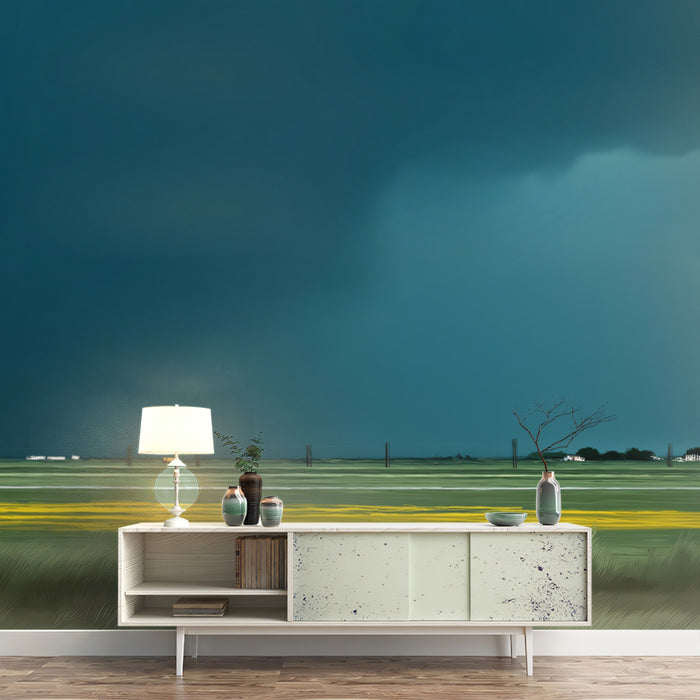 Abstract Stormy Sky Mural Wallpaper | Teal & Yellow