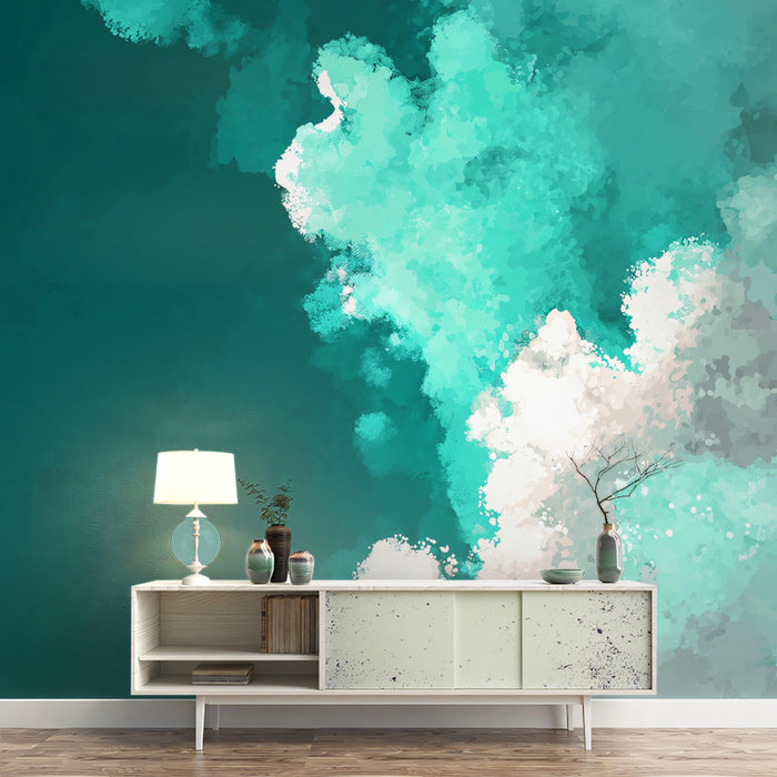 Abstract Watercolor Cloud Mural Wallpaper | Teal & White