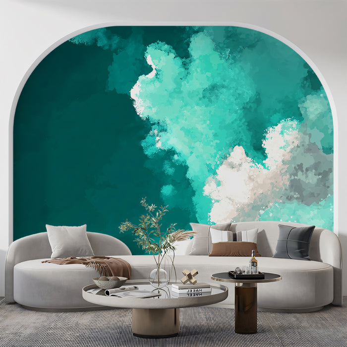 Abstract Watercolor Cloud Mural Wallpaper | Teal & White