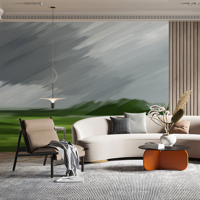 Abstract Landscape Mural Wallpaper | Green Field & Gray Sky