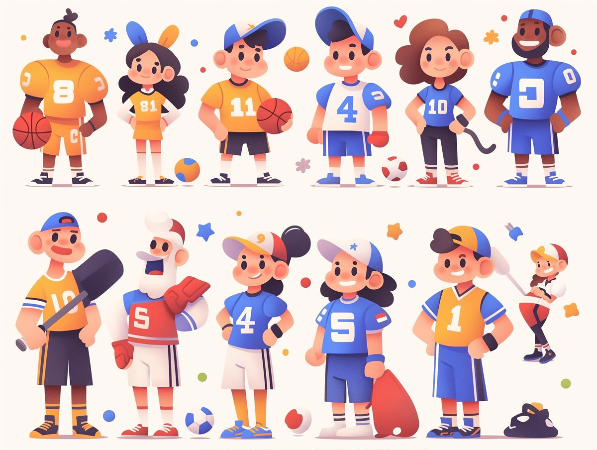 Cartoon Sports Players Mural Wallpaper in Playroom | Various Colors (Orange, Blue, Yellow, etc.) of Sports Players