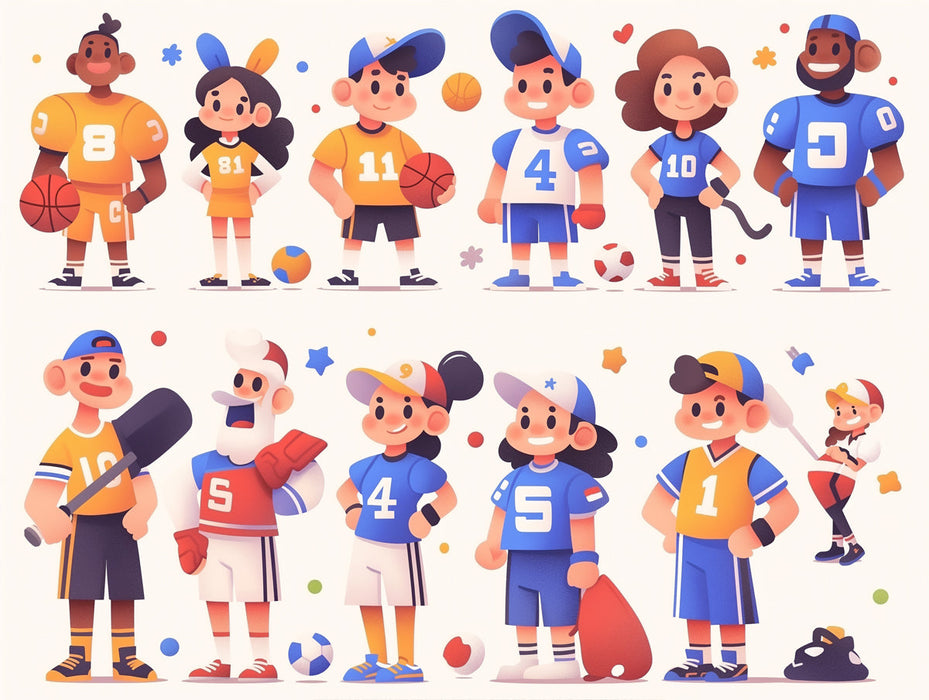 Cartoon Sports Players Mural Wallpaper in Playroom | Various Colors (Orange, Blue, Yellow, etc.) of Sports Players