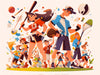 Cartoon Sports Players Mural Wallpaper in Playroom | Various Colors (Orange, Blue, Yellow, etc.) of Sports Players
