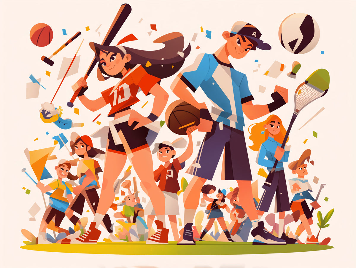 Cartoon Sports Players Mural Wallpaper in Playroom | Various Colors (Orange, Blue, Yellow, etc.) of Sports Players