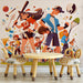 Cartoon Sports Players Mural Wallpaper in Playroom | Various Colors (Orange, Blue, Yellow, etc.) of Sports Players
