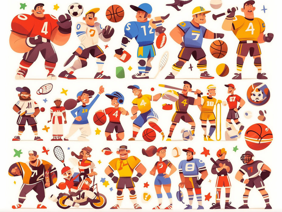 Cartoon Sports Players Mural Wallpaper in Playroom | Various Colors (Orange, Blue, Yellow, etc.) of Sports Players