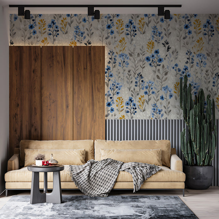 Delicate Wildflower Pattern Mural Wallpaper | Blue & Gold