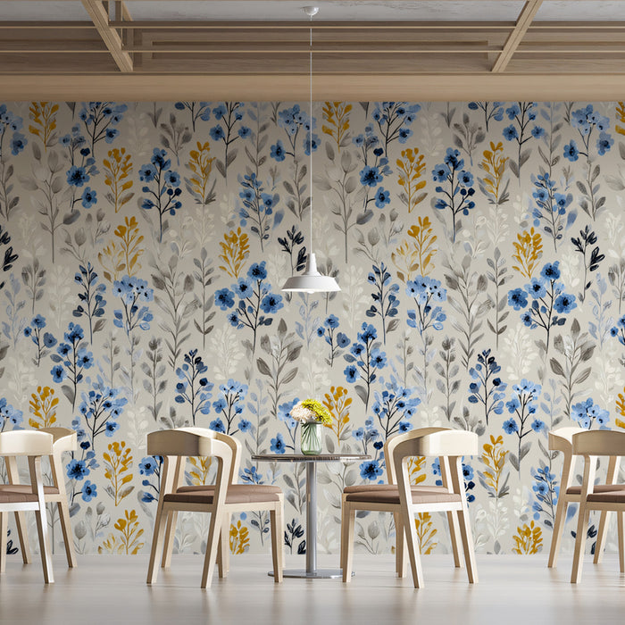 Delicate Wildflower Pattern Mural Wallpaper | Blue & Gold