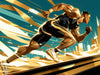 Running Athlete Mural Wallpaper in Living Room | Blue, Gold, and Black Running Athlete