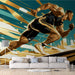 Running Athlete Mural Wallpaper in Living Room | Blue, Gold, and Black Running Athlete
