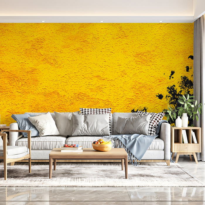 Bold Yellow Mural Wallpaper | Abstract Black Ink Blot Texture