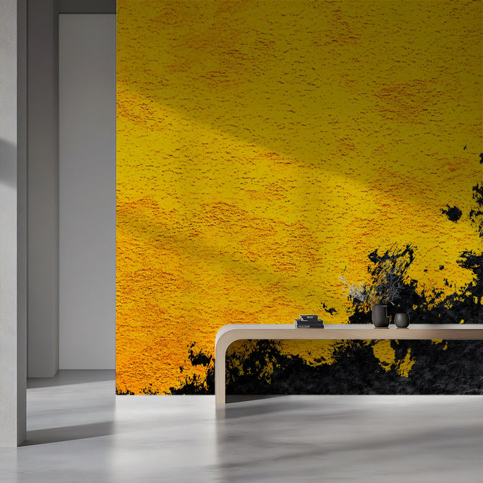 Bold Yellow Mural Wallpaper | Abstract Black Ink Blot Texture