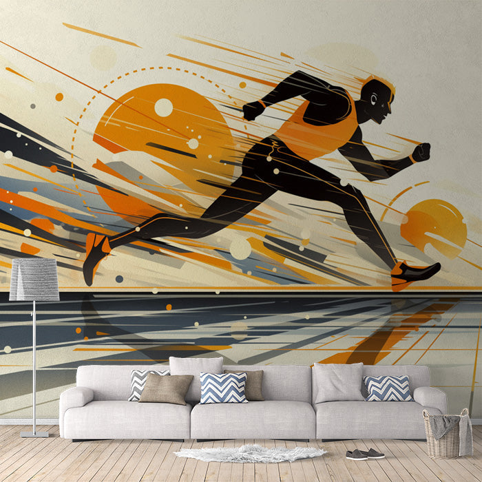Abstract Runner Mural Wallpaper in Living Room | Orange, Black, and Beige Runner