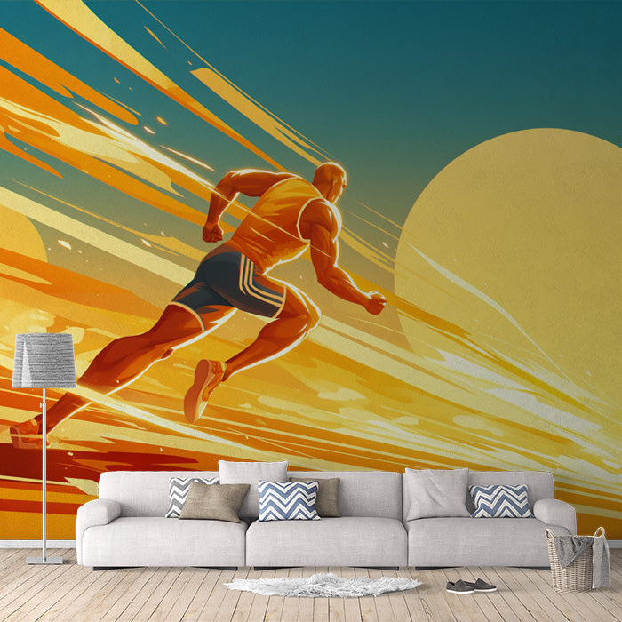 Abstract Runner Mural Wallpaper in Living Room | Orange, Black, and Beige Runner