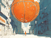 Giant Basketball in Alley Mural Wallpaper in Bedroom | Orange, Blue, and Various Colors Basketball