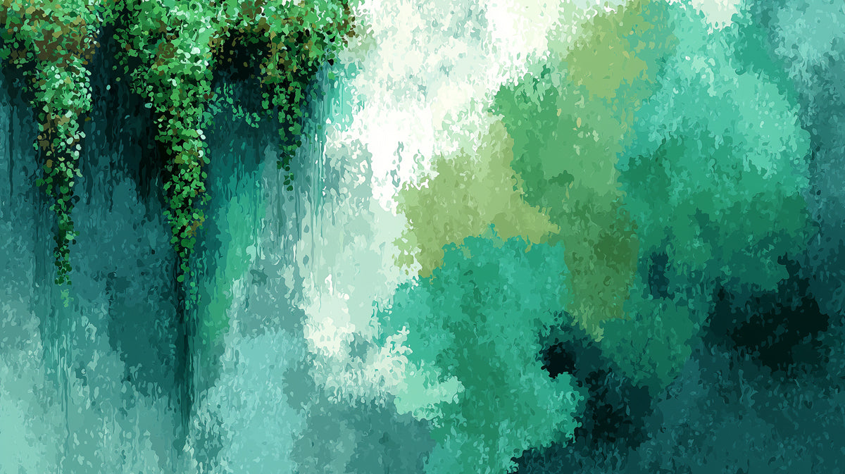 Abstract Waterfall Mural Wallpaper | Lush Forest and Emerald Texture