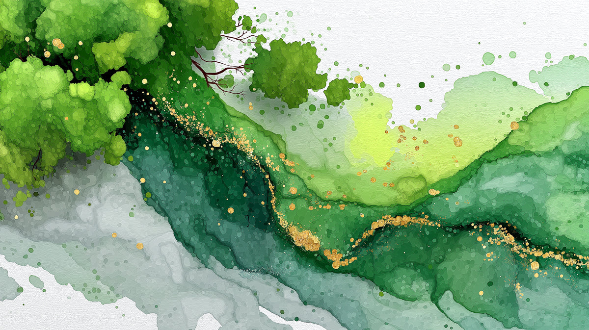 Green Geode Mural Wallpaper | Fluid Gold Vein and Emerald Texture