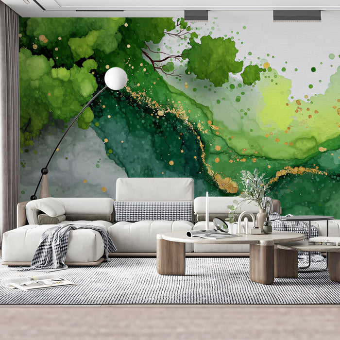 Green Geode Mural Wallpaper | Fluid Gold Vein and Emerald Texture